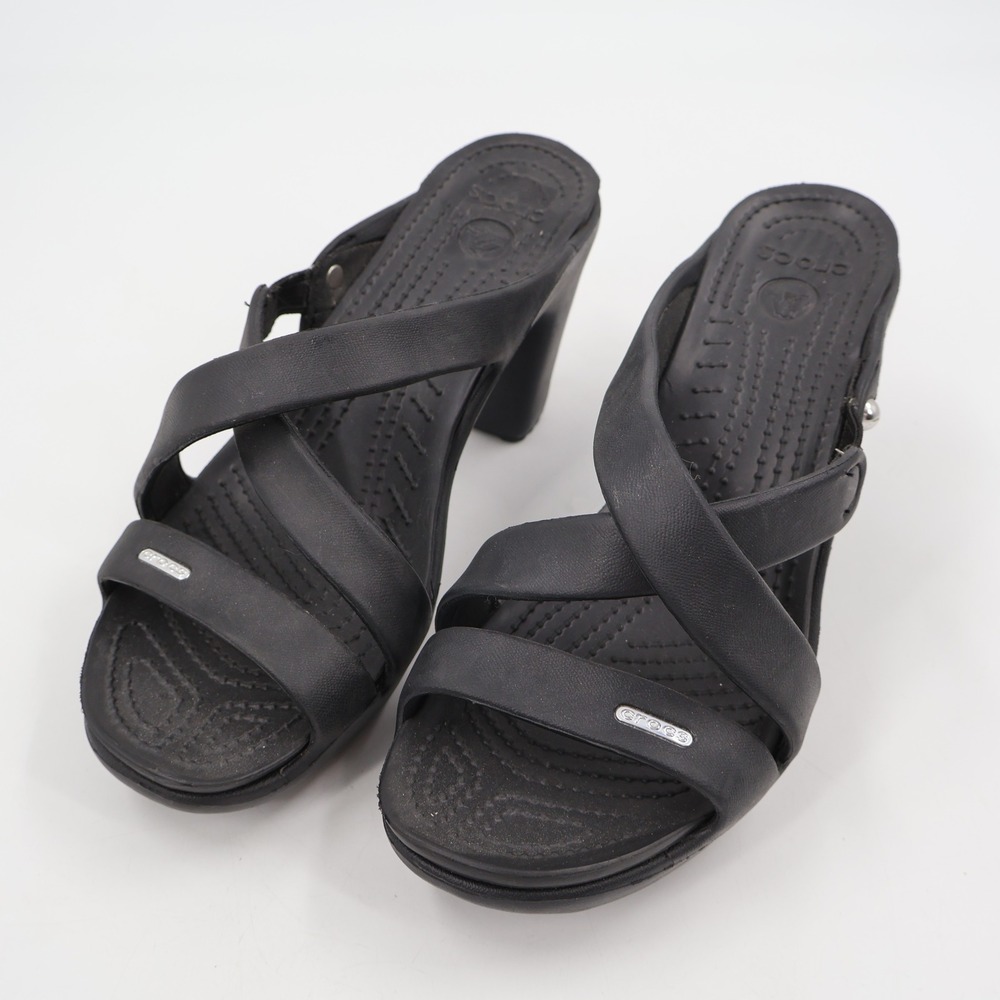 Crocs Cyprus IV Heels Womens Size 9 Black Strappy Block Heel Mules 14558